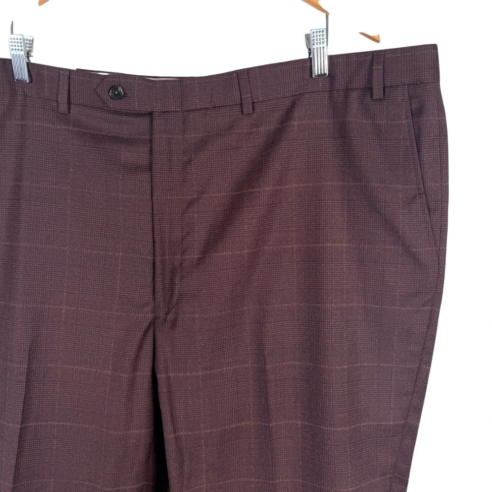 Hart Schaffner Marx Dress Pant New York Fit Mens 44 Unhemmed Burgundy Plaid Wool